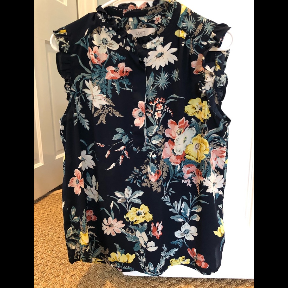 Loft Large petite blue floral ruffle shell